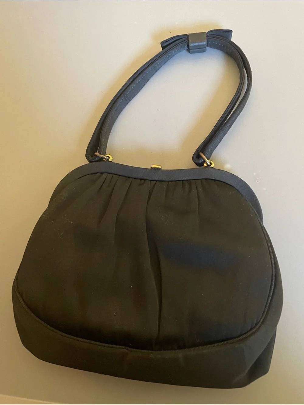 Vtg After 5  Black Satin Evening Handbag Gold Filigree Trim Coin Purse & Bow